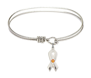 7 1/4 inch Oval Eye Hook Rhodium Bangle Bracelet with a Sterling Silver Cancer Awareness charm.
