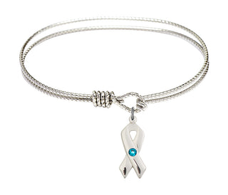 7 1/4 inch Oval Eye Hook Rhodium Bangle Bracelet with a Sterling Silver Cancer Awareness charm.