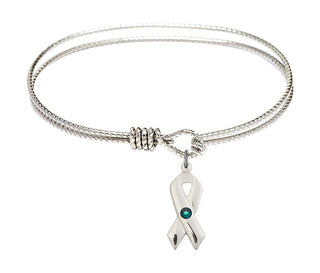 7 1/4 inch Oval Eye Hook Rhodium Bangle Bracelet with a Sterling Silver Cancer Awareness charm.