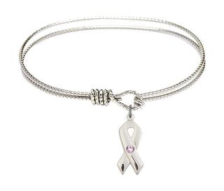 7 1/4 inch Oval Eye Hook Rhodium Bangle Bracelet with a Sterling Silver Cancer Awareness charm.