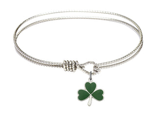 7 1/4 inch Oval Eye Hook Rhodium Bangle Bracelet with a Sterling Silver Shamrock charm.