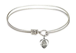 7 1/4 inch Oval Eye Hook Rhodium Bangle Bracelet with a Sterling Silver Scapular charm.