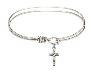 7 1/4 inch Oval Eye Hook Rhodium Bangle Bracelet with a Sterling Silver Crucifix charm.