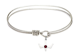 7 1/4 inch Oval Eye Hook Rhodium Bangle Bracelet with a Sterling Silver Holy Spirit charm.