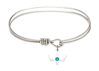 7 1/4 inch Oval Eye Hook Rhodium Bangle Bracelet with a Sterling Silver Holy Spirit charm.