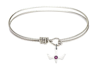 7 1/4 inch Oval Eye Hook Rhodium Bangle Bracelet with a Sterling Silver Holy Spirit charm.