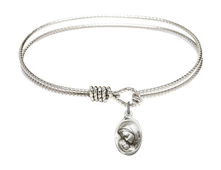 7 1/4 inch Oval Eye Hook Rhodium Bangle Bracelet with a Sterling Silver Madonna & Child charm.