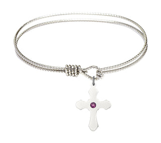 7 1/4 inch Oval Eye Hook Rhodium Bangle Bracelet with a Sterling Silver Cross charm.