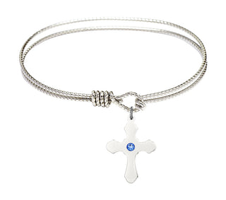 7 1/4 inch Oval Eye Hook Rhodium Bangle Bracelet with a Sterling Silver Cross charm.