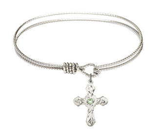 7 1/4 inch Oval Eye Hook Rhodium Bangle Bracelet with a Sterling Silver Cross charm. Engraved Catholic Saint Jewelry