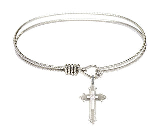 7 1/4 inch Oval Eye Hook Rhodium Bangle Bracelet with a Sterling Silver Cross on Cross charm. Engraved Catholic Saint Jewelry