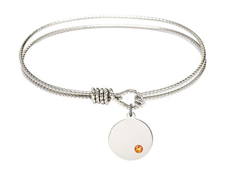 7 1/4 inch Oval Eye Hook Rhodium Bangle Bracelet with a Sterling Silver Plain Disc charm.