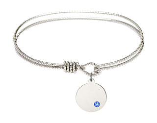 7 1/4 inch Oval Eye Hook Rhodium Bangle Bracelet with a Sterling Silver Plain Disc charm.