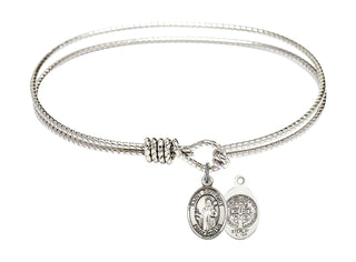 7 1/4 inch Oval Eye Hook Rhodium Bangle Bracelet with a Sterling Silver Saint Benedict charm.