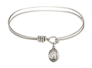 7 1/4 inch Oval Eye Hook Rhodium Bangle Bracelet with a Sterling Silver Saint Blaise charm. Engraved Catholic Saint Jewelry