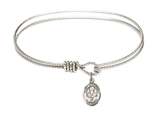 7 1/4 inch Oval Eye Hook Rhodium Bangle Bracelet with a Sterling Silver Saint Alexander Sauli charm. Engraved Catholic Saint Jewelry