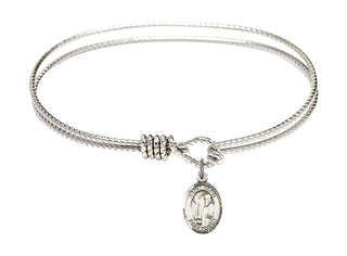 7 1/4 inch Oval Eye Hook Rhodium Bangle Bracelet with a Sterling Silver Saint Elmo charm. Engraved Catholic Saint Jewelry
