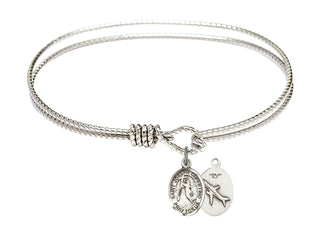 7 1/4 inch Oval Eye Hook Rhodium Bangle Bracelet with a Sterling Silver Saint Joseph of Cupertino charm.