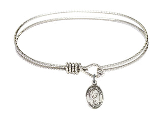 7 1/4 inch Oval Eye Hook Rhodium Bangle Bracelet with a Sterling Silver Saint Philomena charm. Engraved Catholic Saint Jewelry