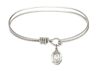 7 1/4 inch Oval Eye Hook Rhodium Bangle Bracelet with a Sterling Silver Saint Louis charm. Engraved Catholic Saint Jewelry