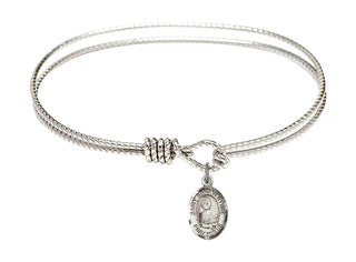 7 1/4 inch Oval Eye Hook Rhodium Bangle Bracelet with a Sterling Silver Saint Bonaventure charm. Engraved Catholic Saint Jewelry