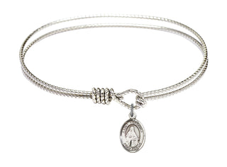 7 1/4 inch Oval Eye Hook Rhodium Bangle Bracelet with a Sterling Silver Saint Veronica charm. Engraved Catholic Saint Jewelry