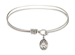 7 1/4 inch Oval Eye Hook Rhodium Bangle Bracelet with a Sterling Silver Saint Julie Billiart charm.