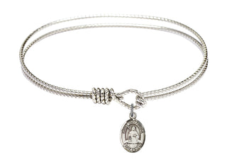 7 1/4 inch Oval Eye Hook Rhodium Bangle Bracelet with a Sterling Silver Saint Walburga charm. Engraved Catholic Saint Jewelry