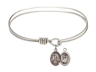 7 1/4 inch Oval Eye Hook Rhodium Bangle Bracelet with a Sterling Silver Saint Christopher/Football charm.