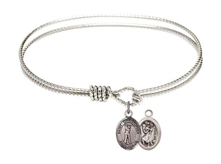 7 1/4 inch Oval Eye Hook Rhodium Bangle Bracelet with a Sterling Silver Saint Christopher/Golf charm.