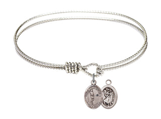 7 1/4 inch Oval Eye Hook Rhodium Bangle Bracelet with a Sterling Silver Saint Christopher/Tennis charm.