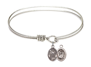 7 1/4 inch Oval Eye Hook Rhodium Bangle Bracelet with a Sterling Silver Saint Christopher/Swimming charm.
