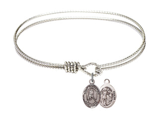 7 1/4 inch Oval Eye Hook Rhodium Bangle Bracelet with a Sterling Silver Saint Sebastian/Ice Hockey charm.