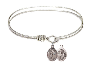 7 1/4 inch Oval Eye Hook Rhodium Bangle Bracelet with a Sterling Silver Saint Sebastian/Tennis charm.
