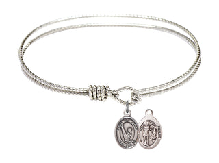 7 1/4 inch Oval Eye Hook Rhodium Bangle Bracelet with a Sterling Silver Saint Sebastian/Gymnastics charm.
