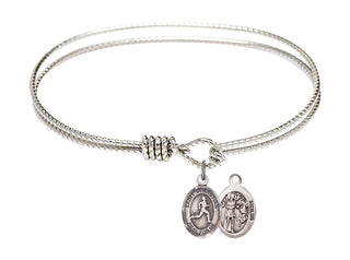 7 1/4 inch Oval Eye Hook Rhodium Bangle Bracelet with a Sterling Silver Saint Sebastian/Track & Field charm.