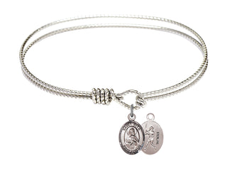 7 1/4 inch Oval Eye Hook Rhodium Bangle Bracelet with a Sterling Silver Saint Rita / Baseball charm.