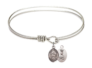 7 1/4 inch Oval Eye Hook Rhodium Bangle Bracelet with a Sterling Silver Saint Kateri/Equestrian charm.