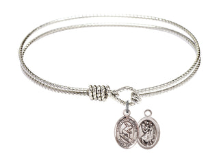 7 1/4 inch Oval Eye Hook Rhodium Bangle Bracelet with a Sterling Silver Saint Christopher/Surfing charm.