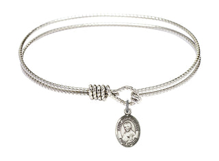 7 1/4 inch Oval Eye Hook Rhodium Bangle Bracelet with a Sterling Silver Saint John Neumann charm. Engraved Catholic Saint Jewelry