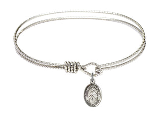 7 1/4 inch Oval Eye Hook Rhodium Bangle Bracelet with a Sterling Silver Saint Maria Goretti charm. Engraved Catholic Saint Jewelry