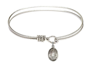 7 1/4 inch Oval Eye Hook Rhodium Bangle Bracelet with a Sterling Silver Saint Barnabas charm. Engraved Catholic Saint Jewelry