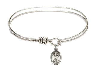 7 1/4 inch Oval Eye Hook Rhodium Bangle Bracelet with a Sterling Silver Saint Maurus charm. Engraved Catholic Saint Jewelry