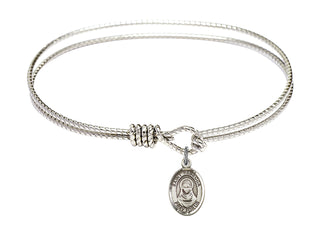7 1/4 inch Oval Eye Hook Rhodium Bangle Bracelet with a Sterling Silver Saint Rebecca charm. Engraved Catholic Saint Jewelry