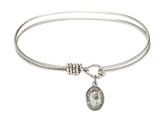 7 1/4 inch Oval Eye Hook Rhodium Bangle Bracelet with a Sterling Silver Blessed Pier Giorgio Frassati charm. Engraved Catholic Saint Jewelry