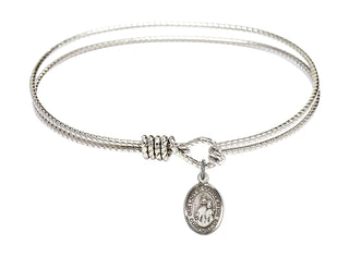 7 1/4 inch Oval Eye Hook Rhodium Bangle Bracelet with a Sterling Silver Our Lady of Consolation charm. Engraved Catholic Saint Jewelry