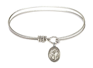 7 1/4 inch Oval Eye Hook Rhodium Bangle Bracelet with a Sterling Silver Saint Columbanus charm. Engraved Catholic Saint Jewelry