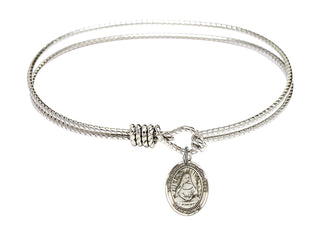 7 1/4 inch Oval Eye Hook Rhodium Bangle Bracelet with a Sterling Silver Saint Edburga of Winchester charm. Engraved Catholic Saint Jewelry