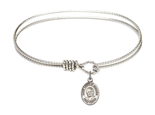 7 1/4 inch Oval Eye Hook Rhodium Bangle Bracelet with a Sterling Silver Saint Arnold Janssen charm. Engraved Catholic Saint Jewelry