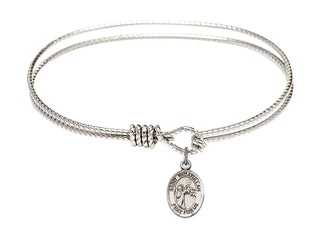 7 1/4 inch Oval Eye Hook Rhodium Bangle Bracelet with a Sterling Silver Saint Nimatullah charm. Engraved Catholic Saint Jewelry